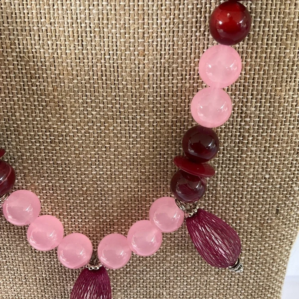 Hand Crafted Pink and Burgundy Beaded Jewelry Set Pierced Earrings and Necklace